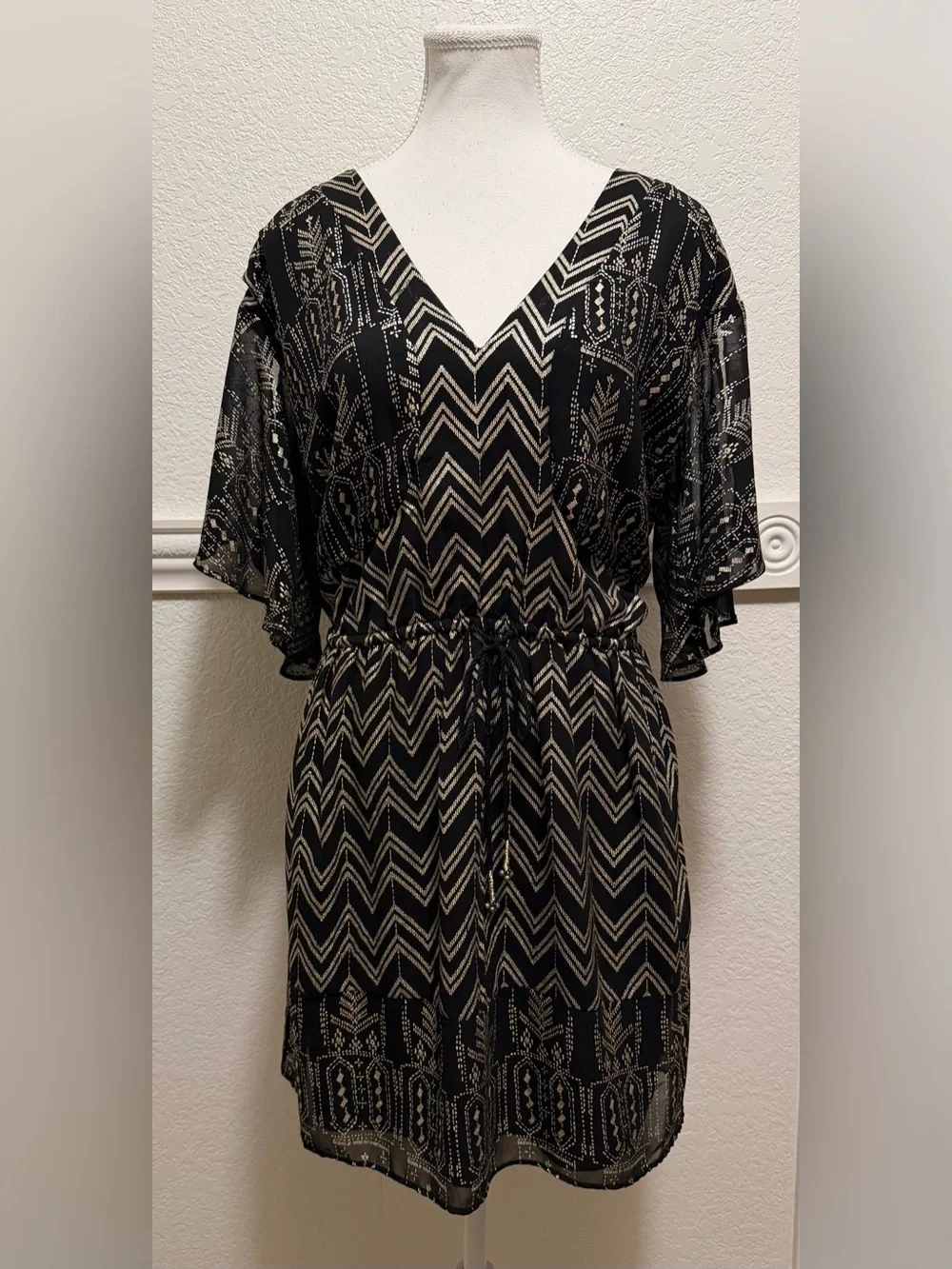 Free People Love My Chaos Mini Dress | Black Boho Chevron Print Flutter Sleeve